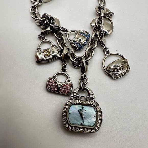 Citizen Eco-Drive Rhinestone Watch Purses Charm Bracelet Silver Tone - Picture 14 of 16
